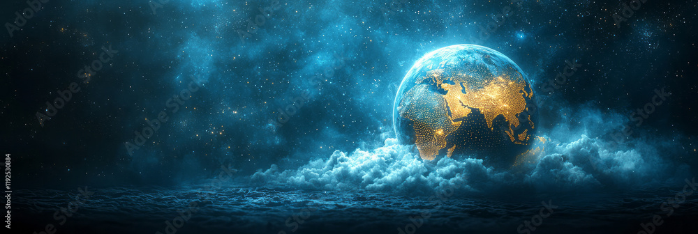 Aufkleber an artistic rendering of a globe made of small data points, half submerged in a cloud, with a subtle