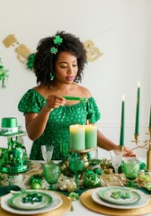 African American woman celebrates St. Patrick's Day with green decor and candlelight