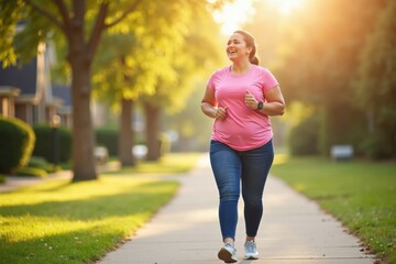 A plus-size woman is taking a brisk walk in her neighborhood, enjoying the fresh air and sunshine. The beautiful scenery and her upbeat playlist keep her motivated on her weight loss journey