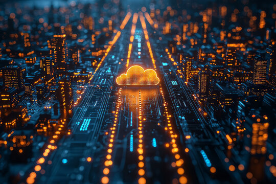 A conceptual road map with big data icons along the route, a fluffy cloud at the endpoint, and segmented chain links showing the path&acirc;&euro;&trade;s security,