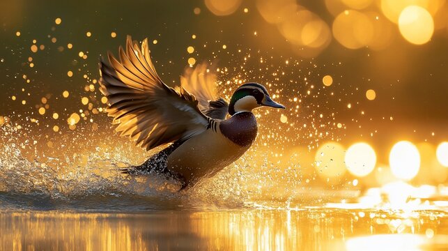 Mandarin duck taking off, golden sunset, water splash, nature
