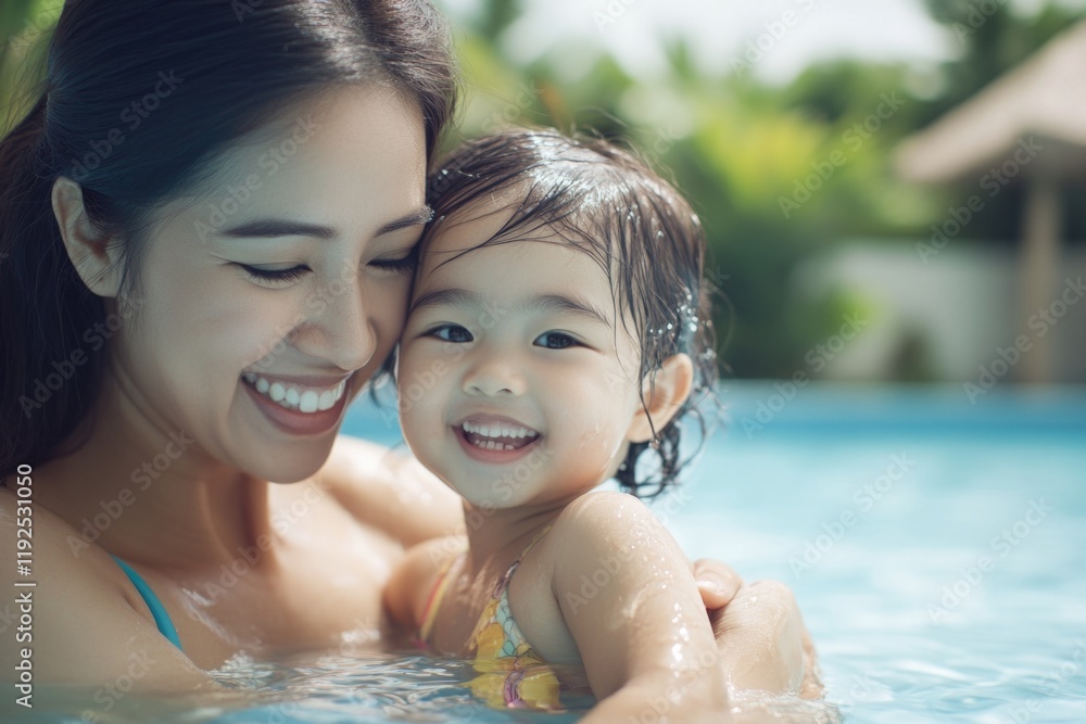 Poster a mother and child enjoying a day at the pool, perfect for family or recreational use