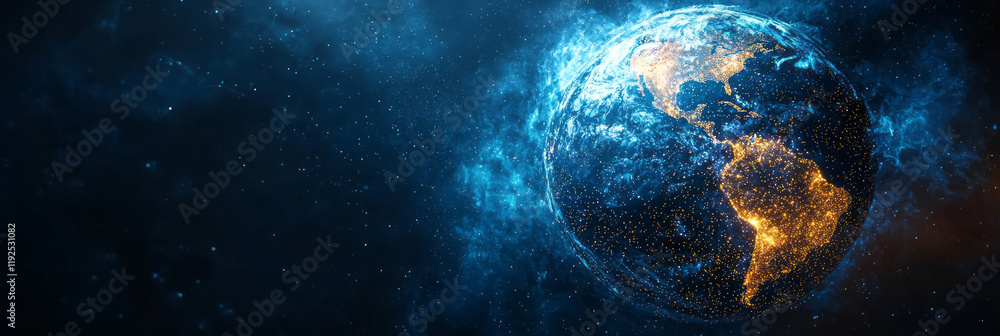 Aufkleber an artistic rendering of a globe made of small data points, half submerged in a cloud, with a subtle