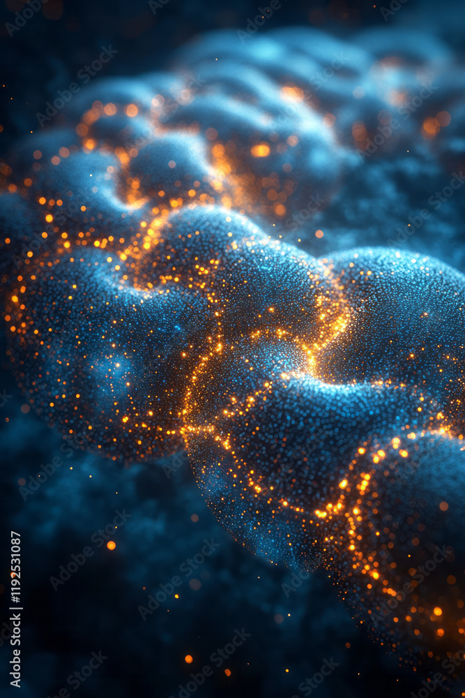 Poster stylized labyrinth of code lines, weaving into a large cloud shape, big data nodes swirling inside, 