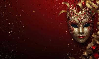 Venetian carnival mask with golden ribbons and confetti on red background
