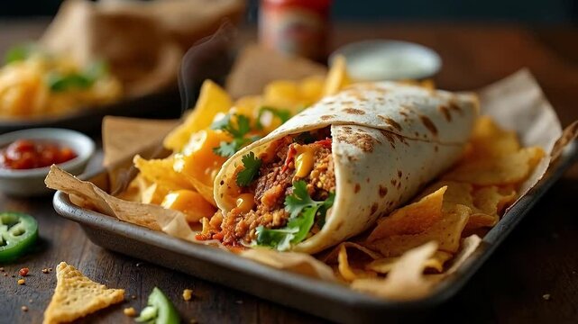 Burrito de carne con nachos y queso derretido