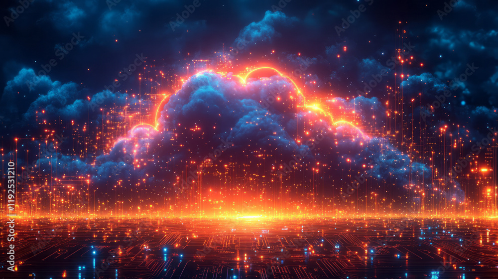 Aufkleber a luminous circuit board background, with a silhouetted cloud in the center and chain links embedded