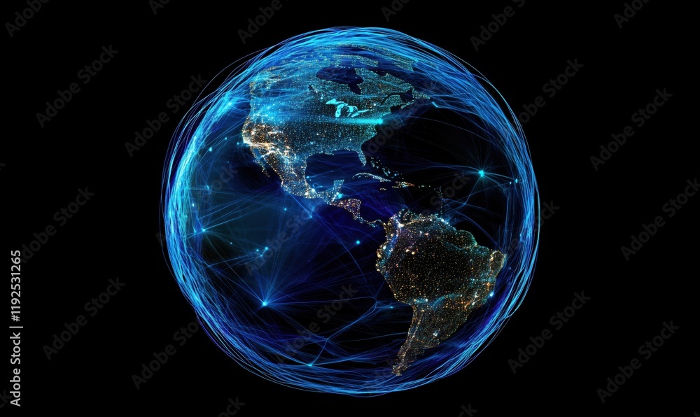 Poster global connectivity network visualization with north and south america highlighted, illuminated by d