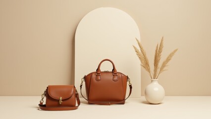Ethical handbags displayed on a neutral pastel surface with clean minimalist decor