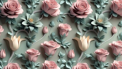 Beautiful floral design featuring pink roses and green leaves in a decorative pattern on a soft background for home decor inspiration