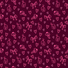 seamless pattern features pink doodles of hearts, bows, and keys on a maroon background, creating a cute and romantic design perfect for Valentine's Day or girly themes