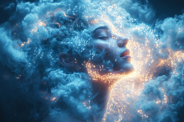 a user gazes at huge numeric clusters (big data) swirling into a cloud, with a protective chain border around the cloud,