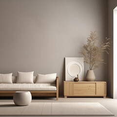 Beige Sofa Wooden Cabinet  Pampas Grass in Minimalist Living Room