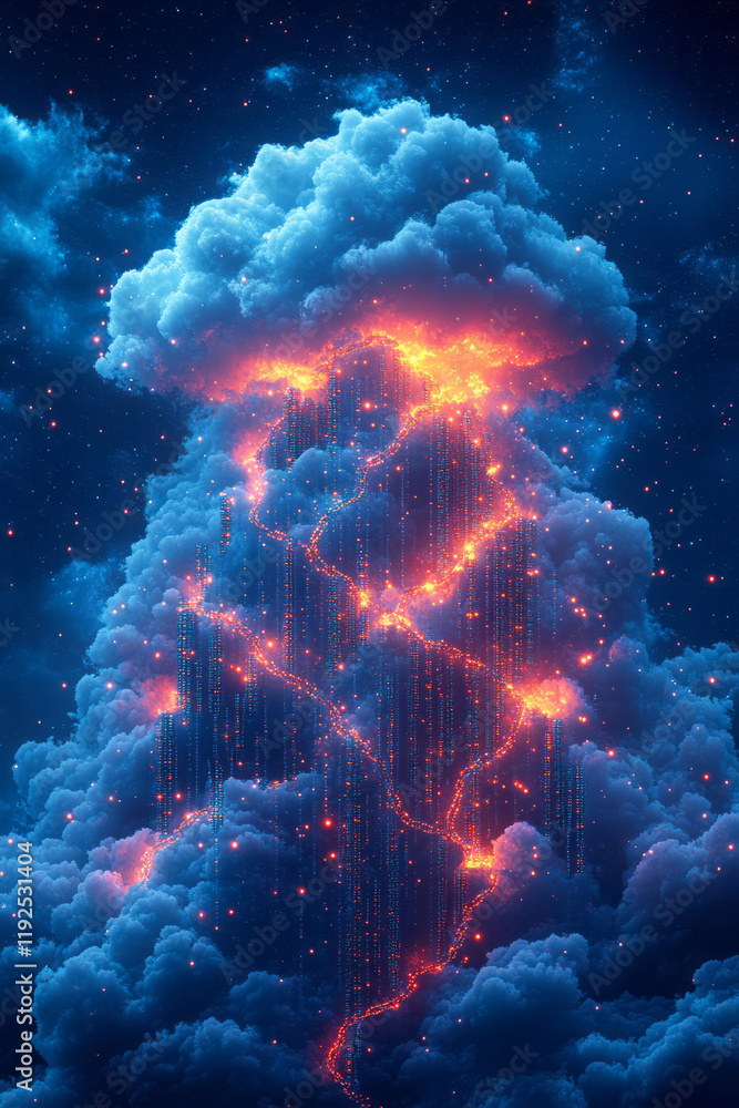 Aufkleber multiple layers of stacked server icons forming a pyramid, crowned by a cloud shape, and a chain pat