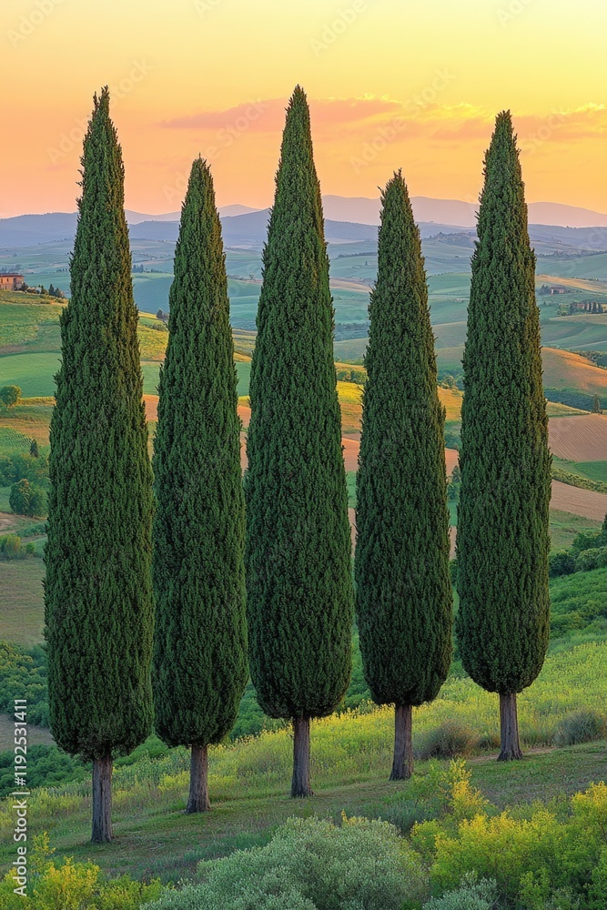 Poster A row of trees in a green field with rolling hills in the background