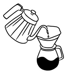 Hand-drawn illustration of a teapot pouring freshly brewed coffee into a serving glass, created in a clean black and white line drawing style. Perfect for minimalist and handmade-inspired designs