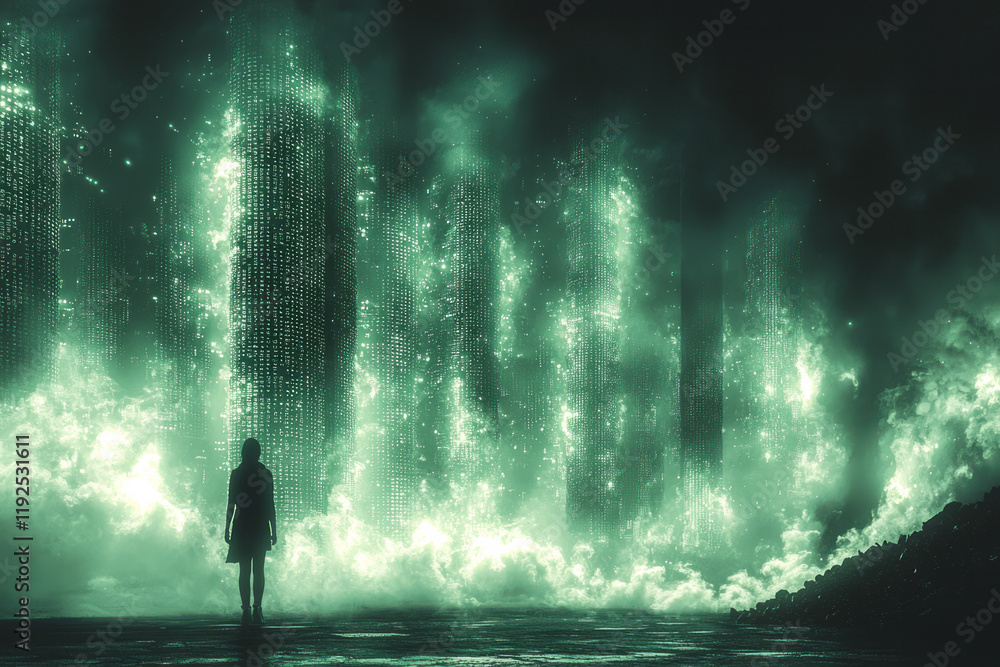 Poster high-contrast silhouette of a person standing before massive data waveforms, with chain-labeled bloc