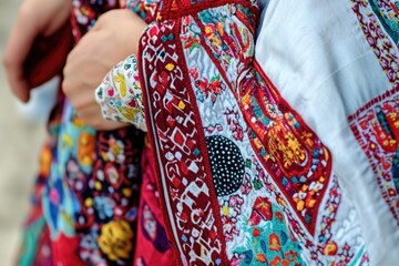 A person holds a bright and vibrant jacket in a close-up shot