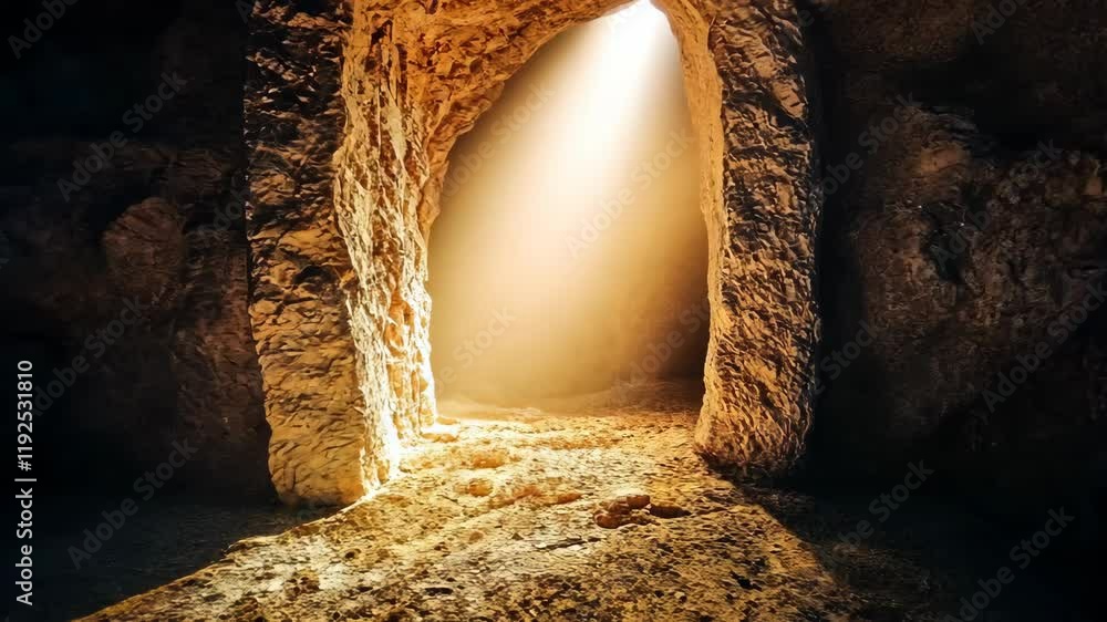 Poster exploring a mysterious cave with a glowing entrance and beams of light in a remote location during d