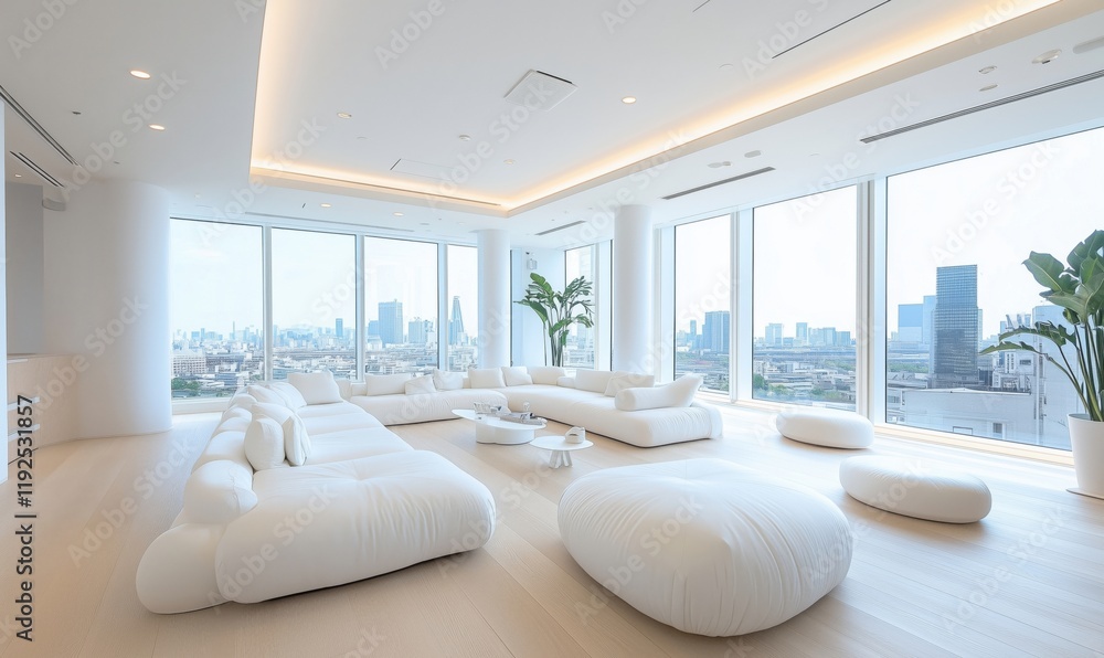 Canvas Prints Modern minimalist living room with panoramic city views, featuring white plush furniture, large windows, and bright natural light