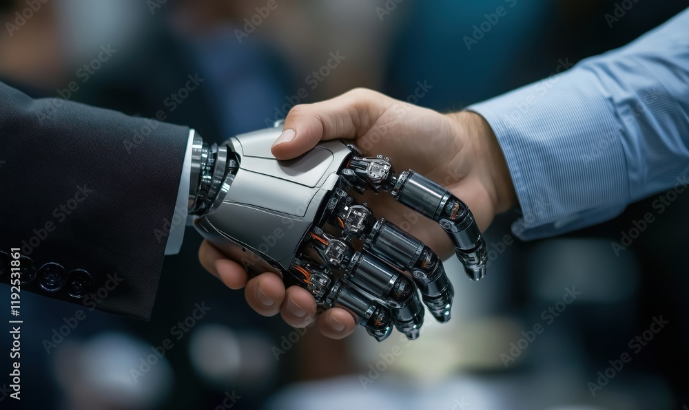 Poster human-robot interaction: close-up of handshake between human and robotic arm, symbolizing collaborat