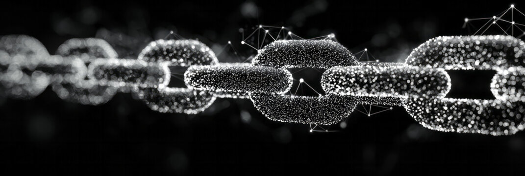 Minimal black-and-white composition: a single chain link spanning vertically, supporting a small cloud icon, big data graphs swirling around,