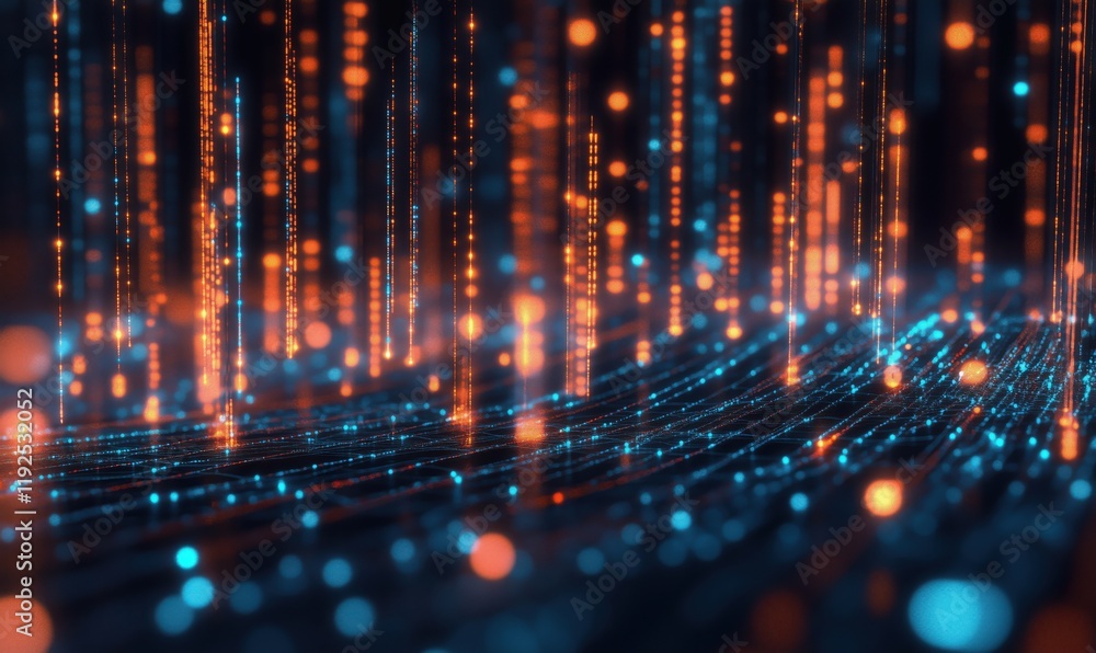 Poster digital data streams with glowing blue and orange particles creating a futuristic abstract backgroun