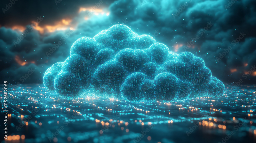 Poster a cluster of binary digits forming a large cloud shape overhead, with a chain link pattern anchoring