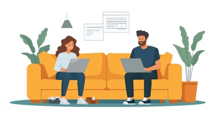 Working from home a young couple on laptops living room digital illustration cozy environment warm colors