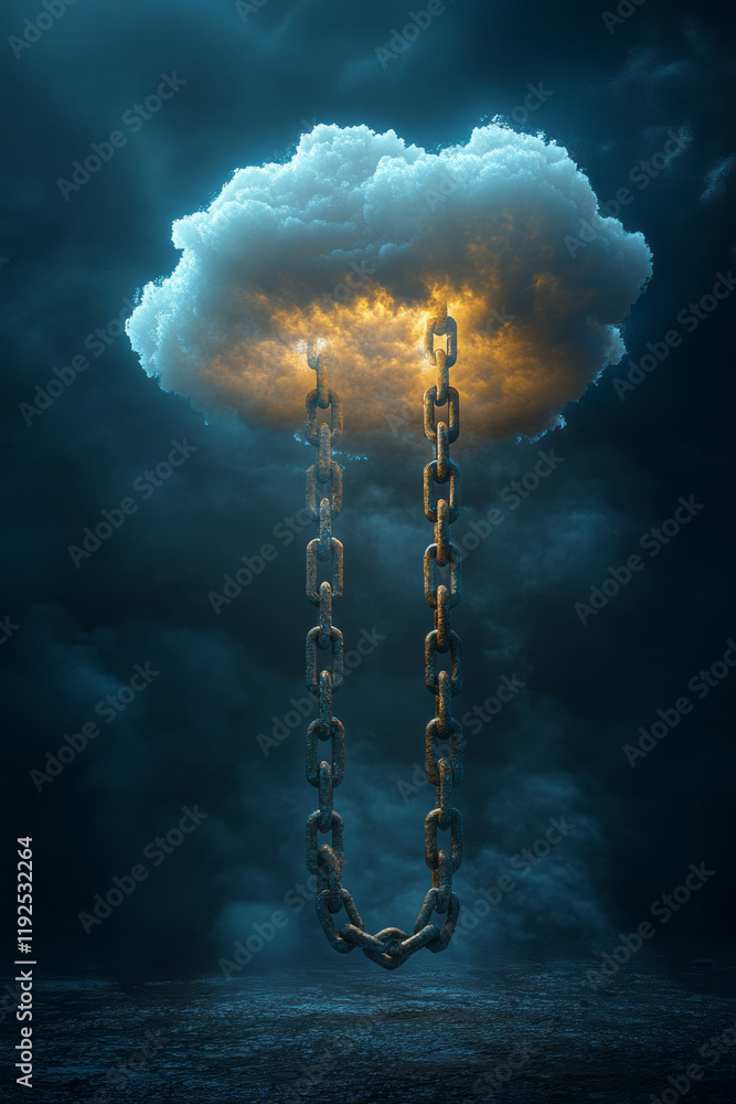 Poster abstract minimalist scene: a singular chain link connecting a row of big data bars to a tiny cloud f