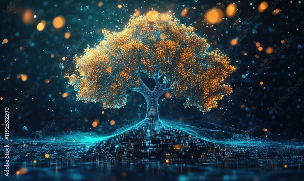 Poster digital tree with glowing orange leaves, surrounded by blue data streams and particles, representing