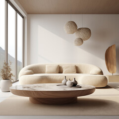 Beige Curved Sofa in Modern Minimalist Living Room with Wooden Coffee Table