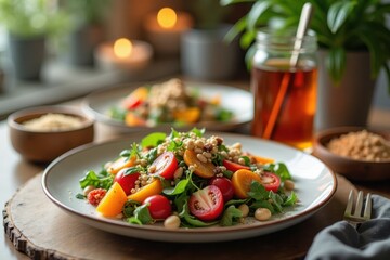 Fototapeta premium A cozy dining table set with a colorful salad, whole grains, and a glass of herbal tea, with soft lighting creating a warm atmosphere