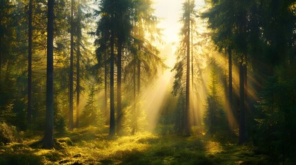 Fototapeta premium Sunbeams Illuminate Misty Forest Trees
