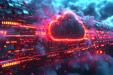 Fototapeta premium Sliced cross-section of a huge data block, exposing the chain inside, topped by a small cloud symbol indicating off-site storage,