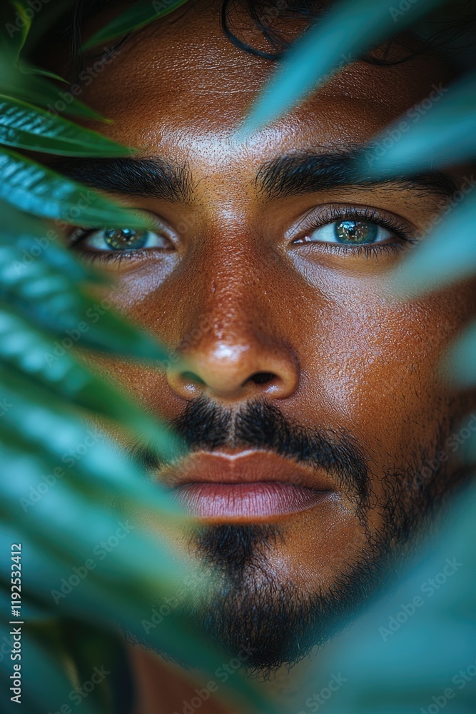 Poster A close-up shot of a man's face partially hidden by a leaf, ideal for use in stories or scenes where characters are hiding or seeking cover