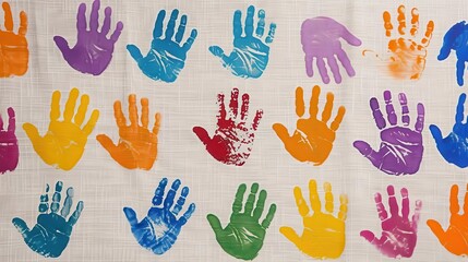 Fototapeta premium Children's handprints in vibrant colors on a canvas, symbolizing creativity, kid handprint, artistic expression