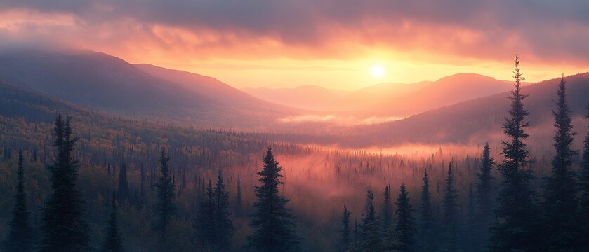 Misty sunrise over mountain valley, forest