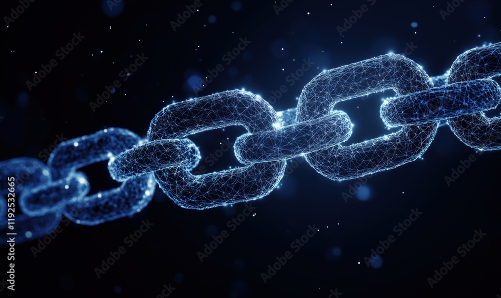 Poster digital blockchain technology representation with glowing interconnected links, showcasing innovatio