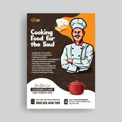 Restaurant chef job hiring a4 vertical print flyer or poster and cooking class flyer editable template with chef character illustration