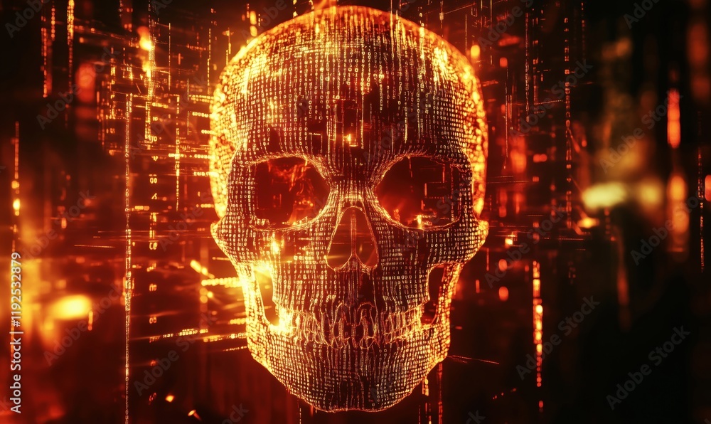 Poster digital skull with glowing binary code background, representing technology, data, and the intersecti