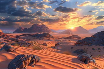 Breathtaking desert landscape at sunset with vibrant skies and rolling sand dunes.