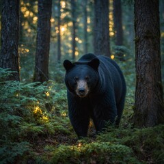 Fototapeta premium A black bear exploring an enchanted forest filled with glowing mushrooms and sparkling streams.