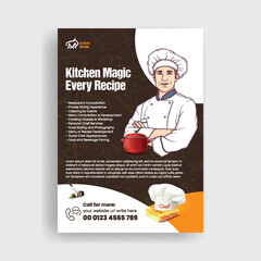 Restaurant chef job hiring a4 vertical print flyer or poster and cooking class flyer editable template with chef character illustration