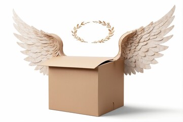 Open cardboard box with wings and laurel wreath.