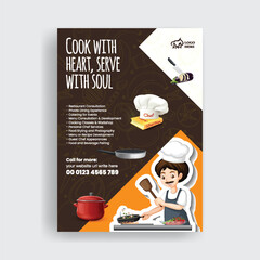 Restaurant chef job hiring a4 vertical print flyer or poster and cooking class flyer editable template with chef character illustration