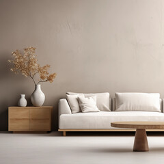 Beige Sofa Wooden Coffee Table Dried Flowers Minimalist Living Room Interior