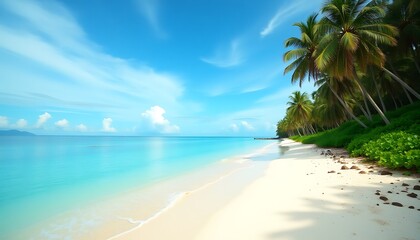 Fototapeta premium Beautiful summer holiday island beach paradise with clouds, palm trees, and clear waters