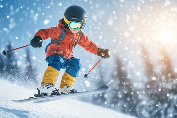 Young skier jumping on snowy slope in winter forest