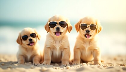 Little puppies wearing sunglasses on the beach viewed against the sea with bokeh background